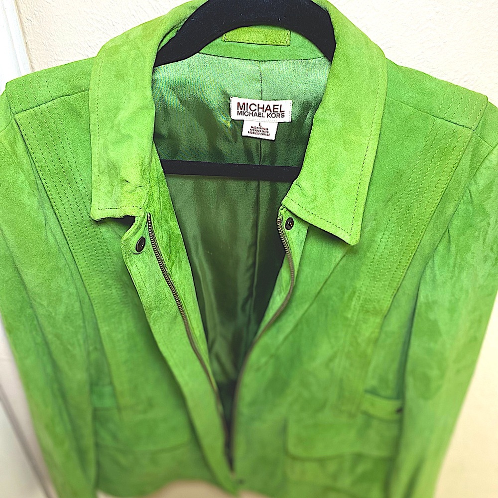 MK Michael Kors Green Suede Zipper Jacket Adjustable Waist Straps and Pockets